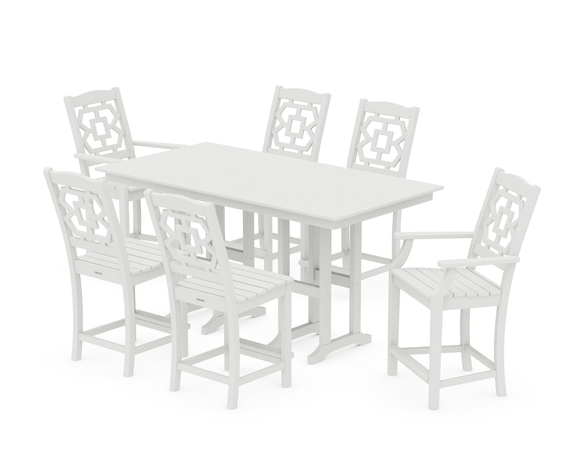 POLYWOOD Chinoiserie 7-Piece Farmhouse Counter Set in Vintage White