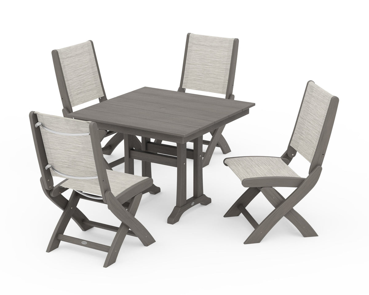 POLYWOOD Coastal Folding Side Chair 5-Piece Farmhouse Dining Set With Trestle Legs in Driftwood / Birch