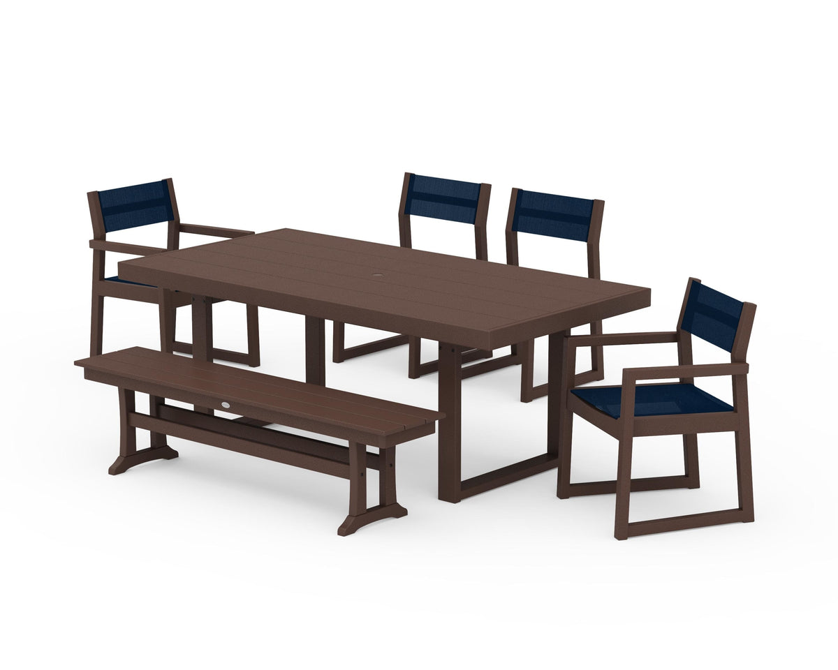 POLYWOOD EDGE Sling 6-Piece Dining Set with Bench in Mahogany / Navy Blue