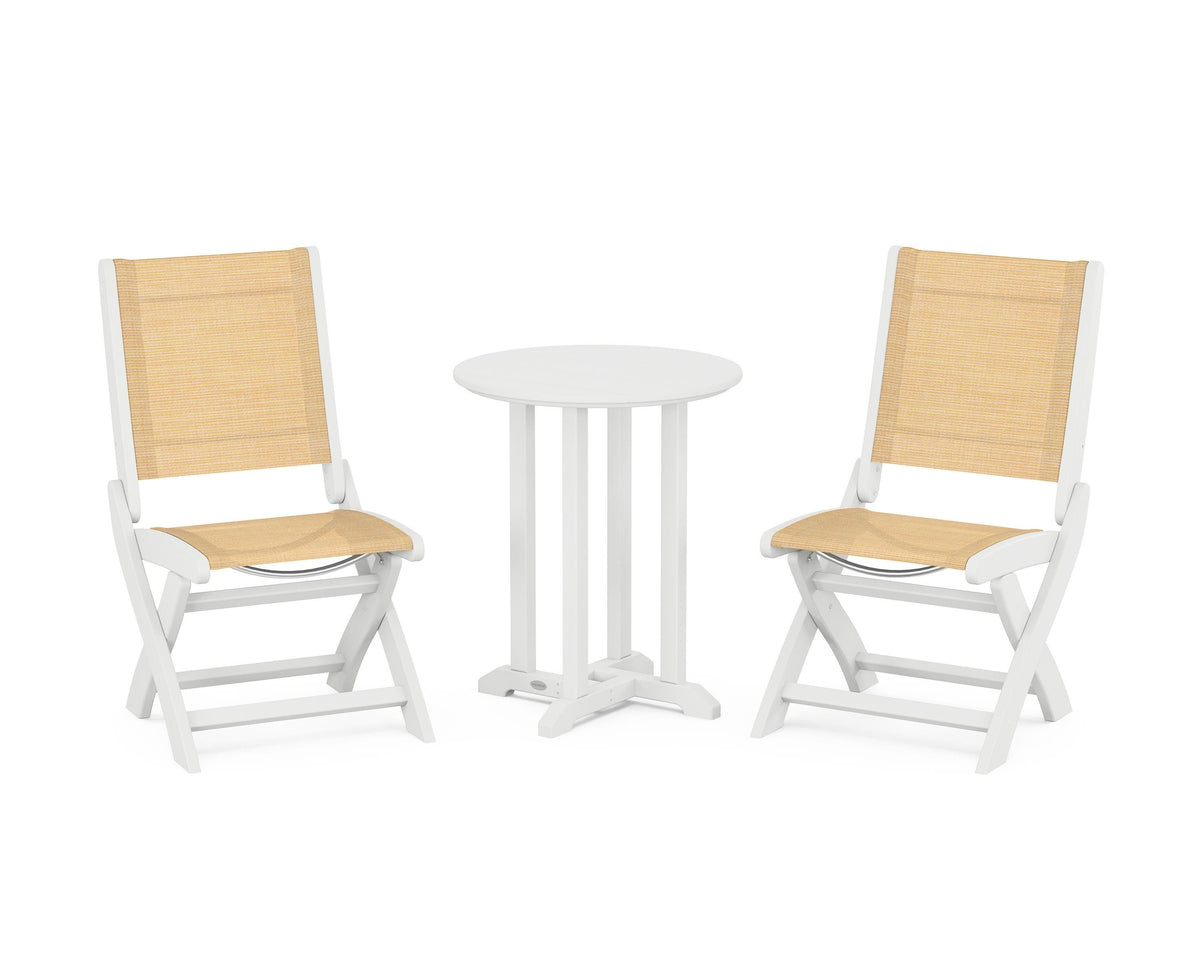 POLYWOOD Coastal Folding Side Chair 3-Piece Round Bistro Dining Set in White / Dupioni Apricot