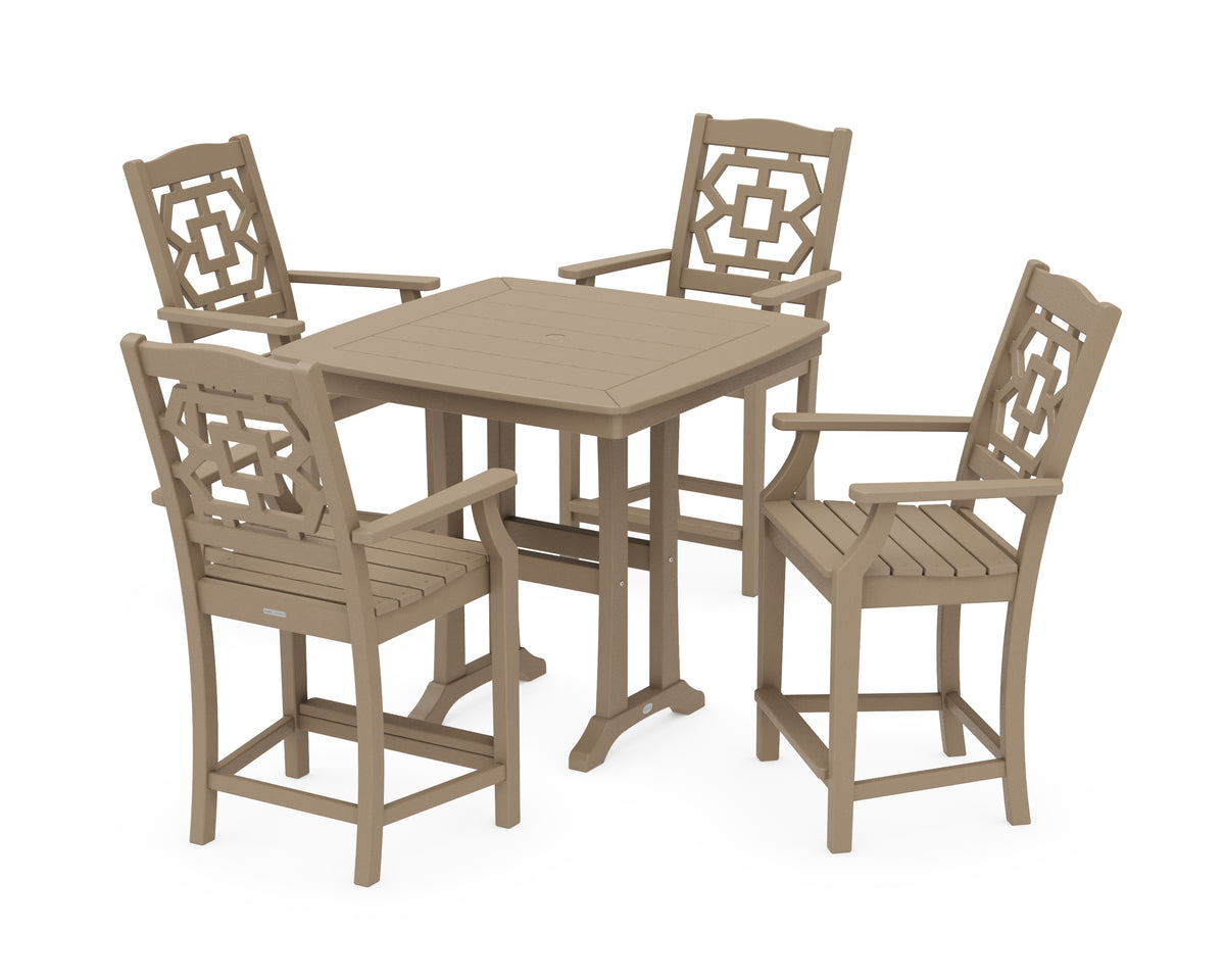 POLYWOOD Chinoiserie 5-Piece Counter Set with Trestle Legs in Vintage Sahara