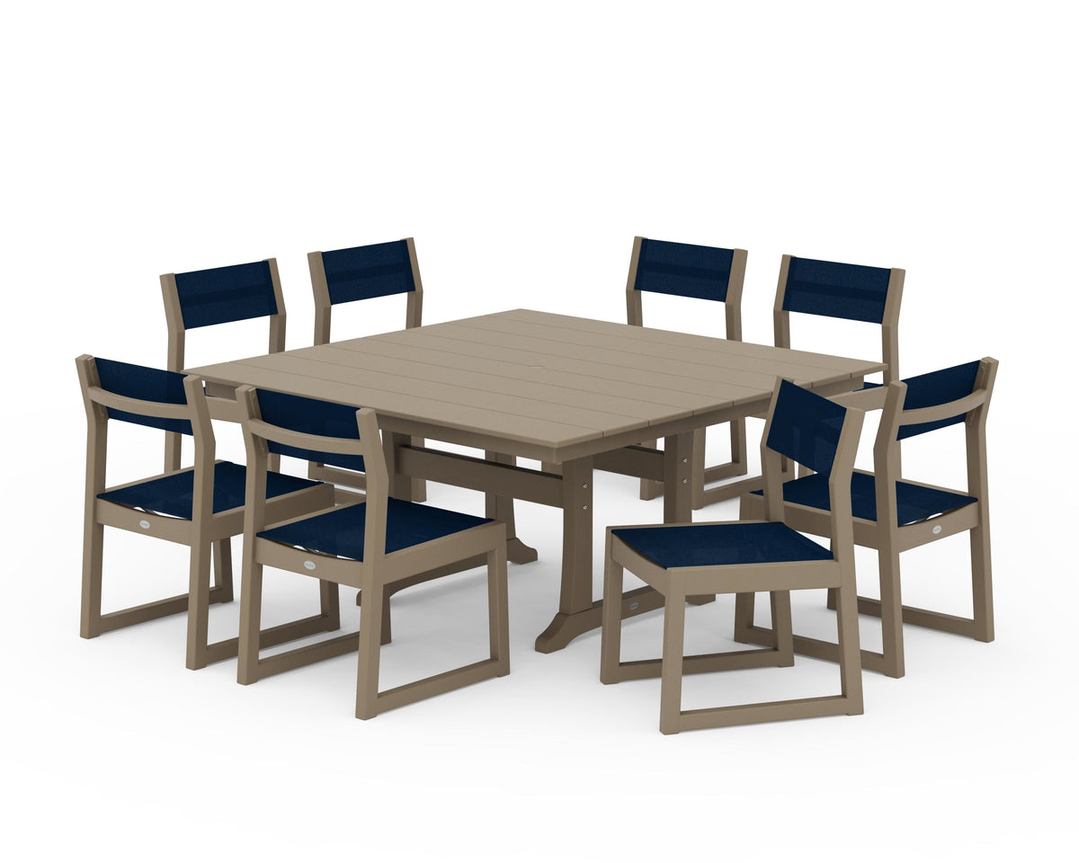 POLYWOOD EDGE Sling Side Chair 9-Piece Farmhouse Trestle Dining Set in Vintage Sahara / Navy Blue
