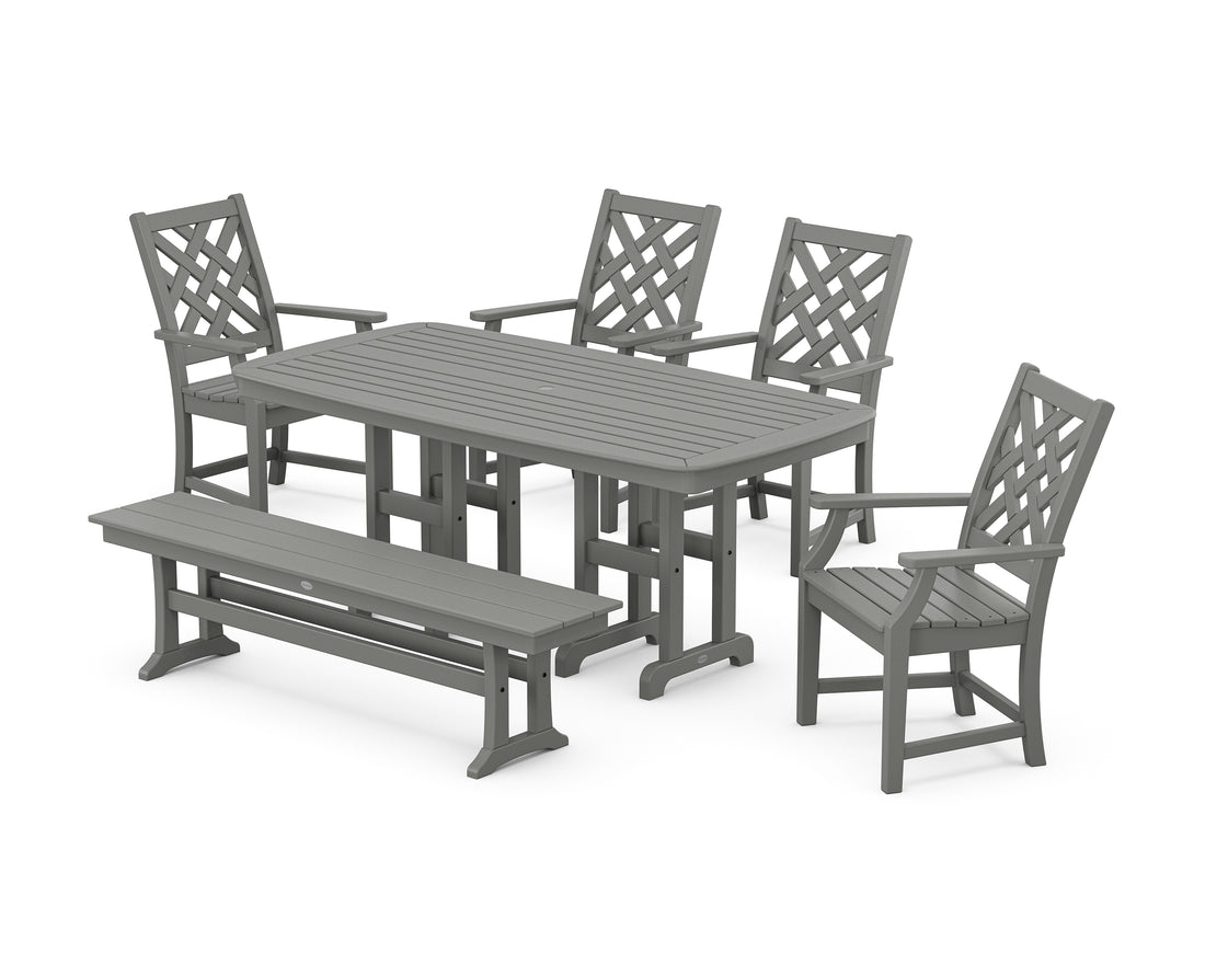 POLYWOOD Country Living Wovendale 6-Piece Farmhouse Dining Set with Bench with Nautical 37" x 72" Dining Table in Slate Grey