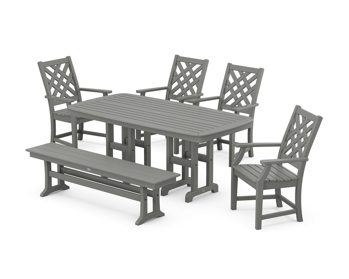 POLYWOOD Country Living Wovendale 6-Piece Farmhouse Dining Set with Bench with Nautical 37" x 72" Dining Table in Slate Grey