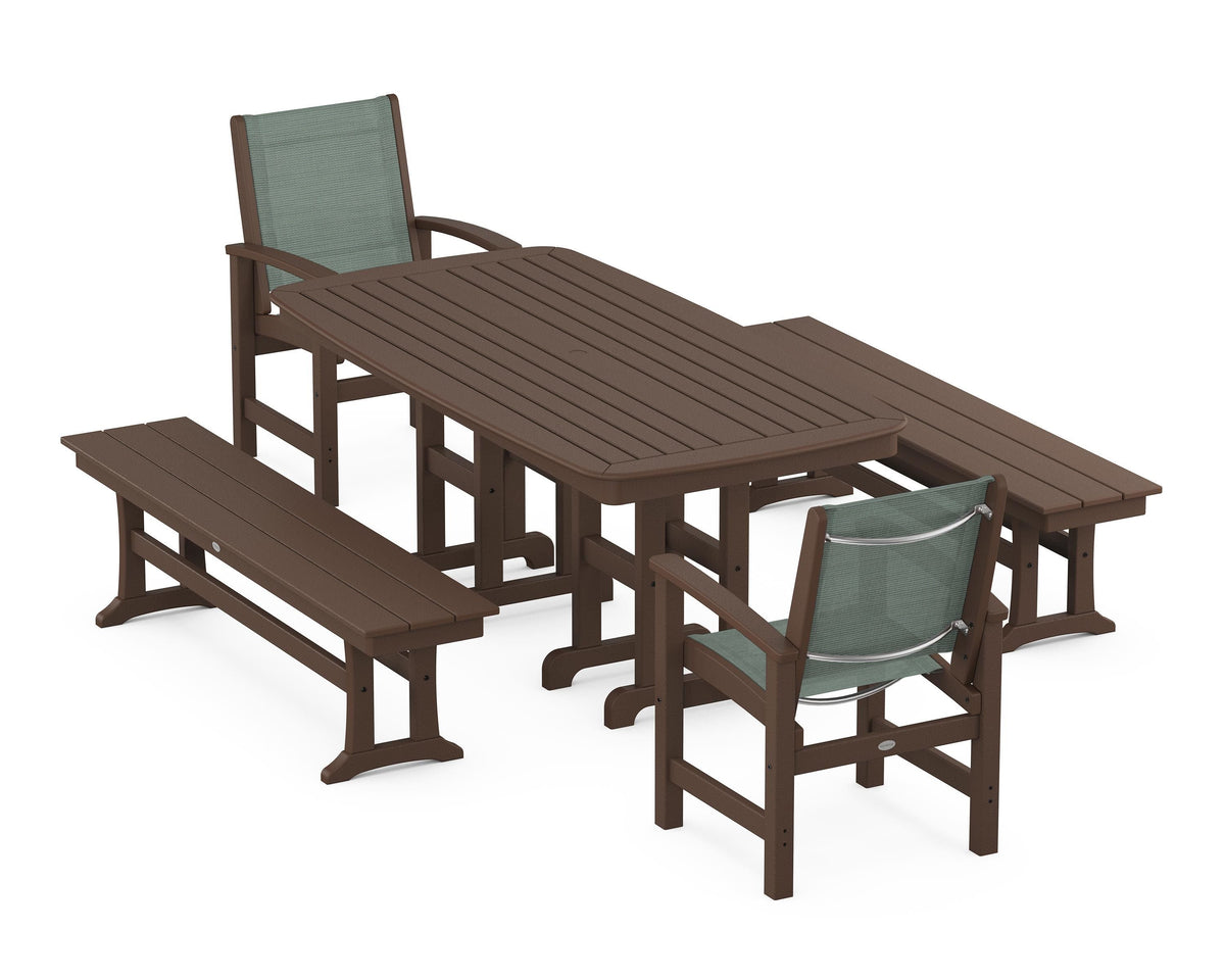 POLYWOOD Coastal 5-Piece Dining Set with Nautical 37" x 72" Dining Table in Mahogany / Dupioni Sea Mist