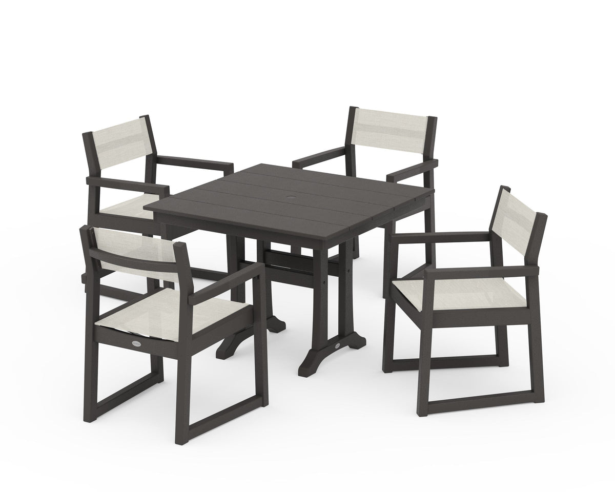 POLYWOOD EDGE Sling 5-Piece Farmhouse Dining Set with Trestle Legs in Vintage Coffee / Parchment
