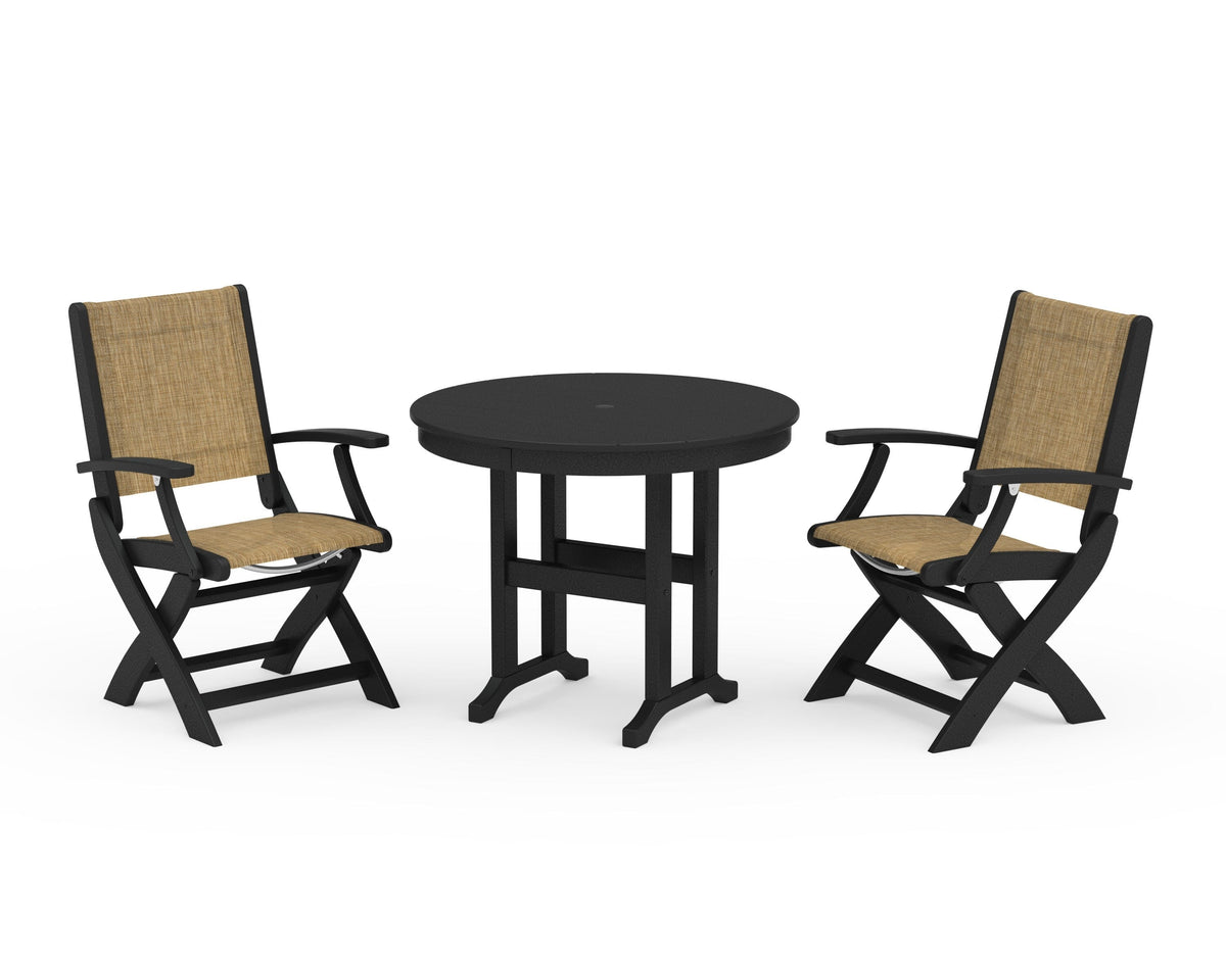 POLYWOOD Coastal Folding Chair 3-Piece Round Dining Set in Black / Burlap
