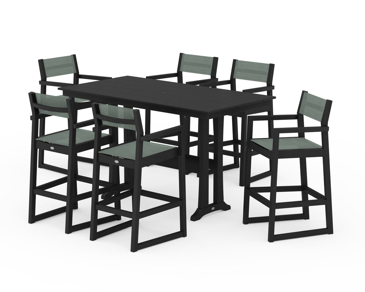 POLYWOOD EDGE Sling Arm Chair 7-Piece Farmhouse Bar Set with Trestle Legs in Black / Dupioni Sea Mist