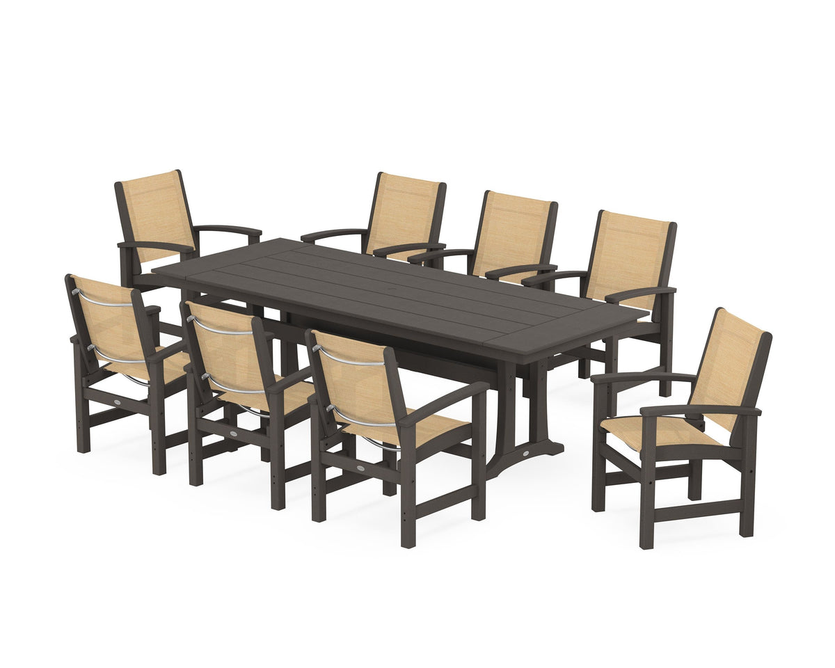 POLYWOOD Coastal 9-Piece Farmhouse Dining Set with Trestle Legs in Vintage Coffee / Dupioni Apricot