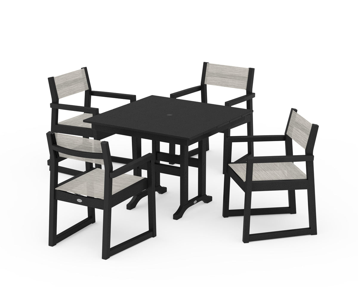 POLYWOOD EDGE Sling Arm Chair 5-Piece Farmhouse Dining Set in Black / Birch