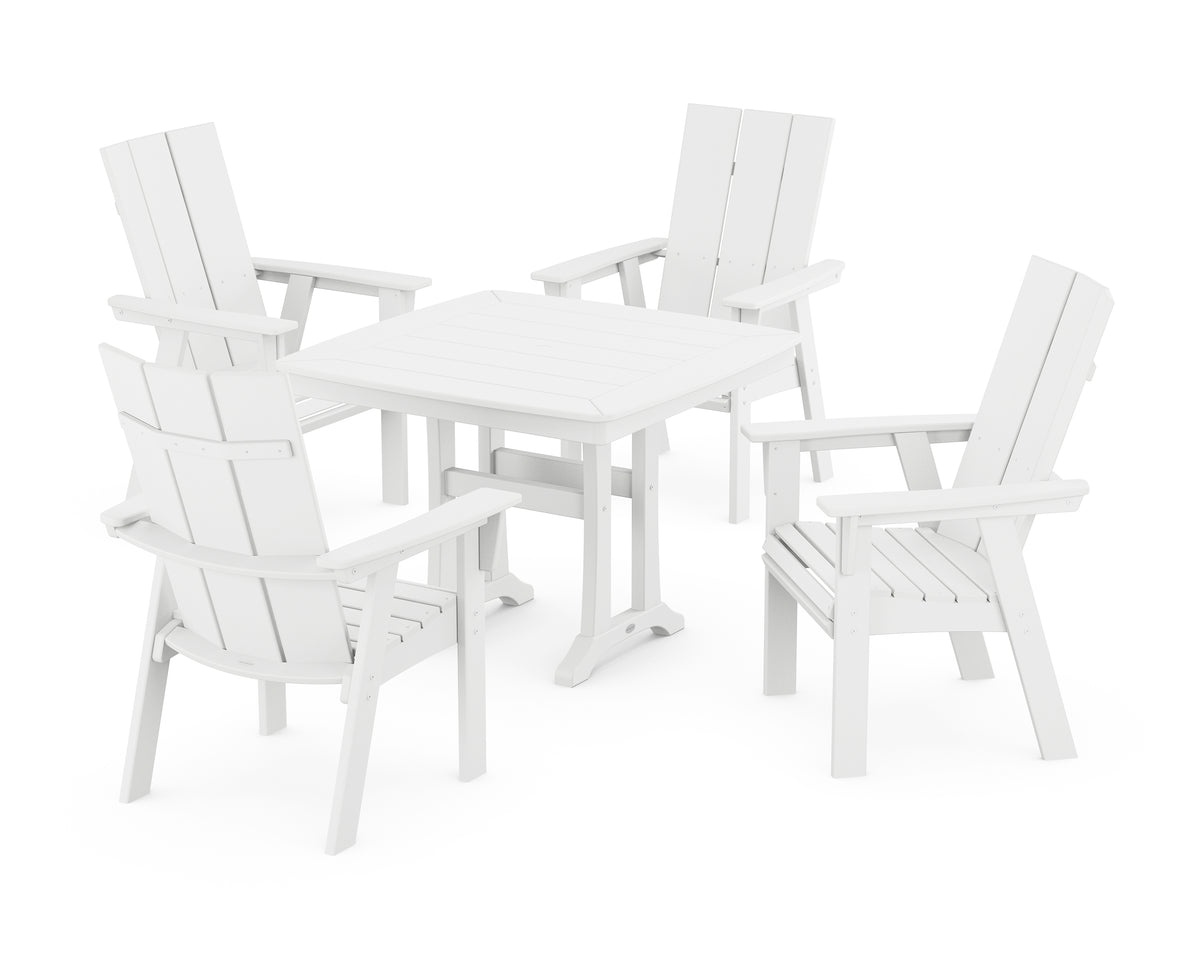 POLYWOOD Modern Adirondack 5-Piece Dining Set with Trestle Legs with Modern Curveback Adirondack Dining Chair in White