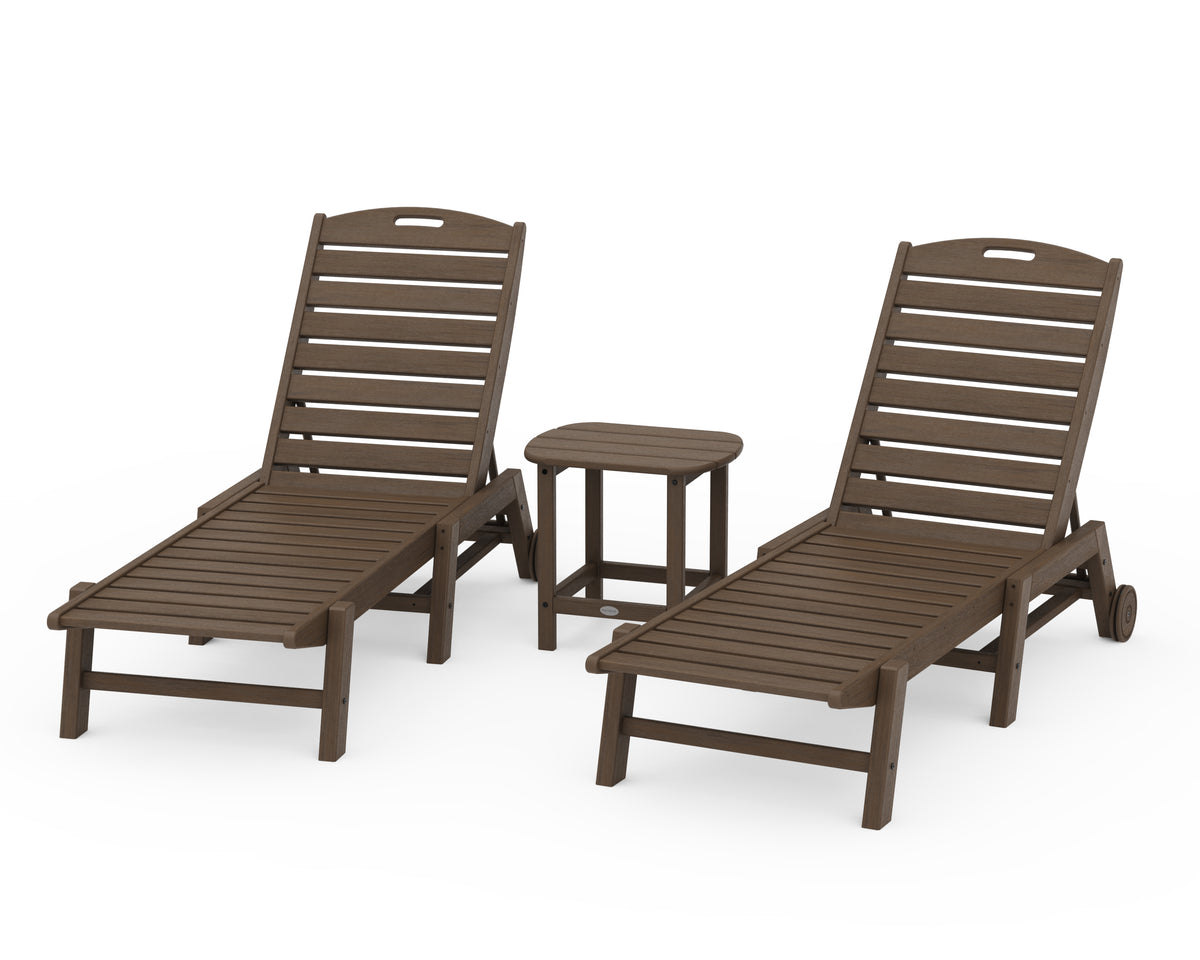 POLYWOOD Nautical 3-Piece Wheeled Chaise Set with South Beach 18" Side Table in Kona