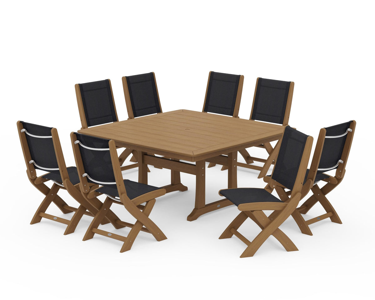 POLYWOOD Coastal Folding Side Chair 9-Piece Dining Set with Trestle Legs in Natural / Black