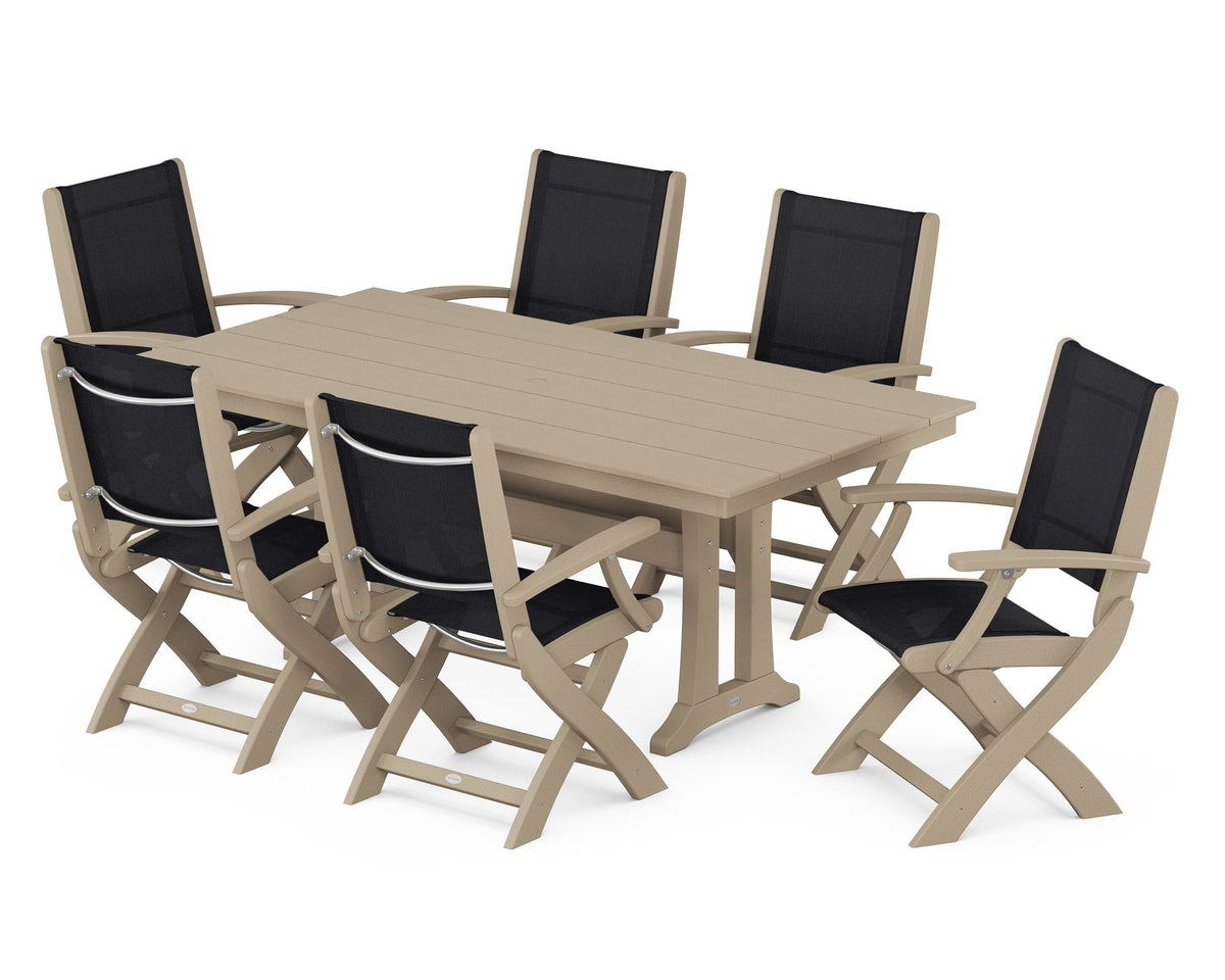POLYWOOD Coastal Folding Arm Chair 7-Piece Farmhouse Dining Set with Trestle Legs in Vintage Sahara / Black