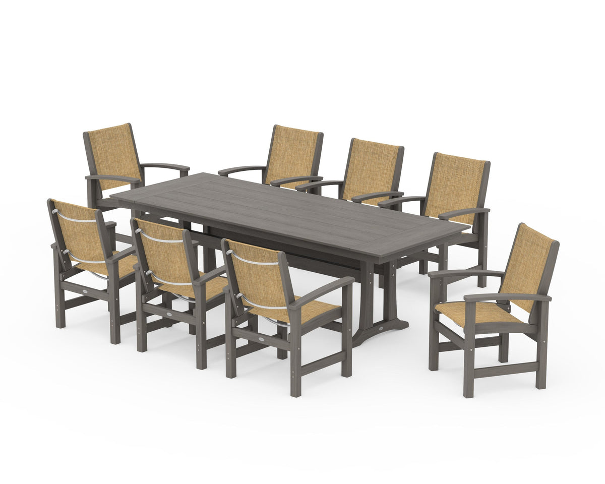 POLYWOOD Coastal 9-Piece Farmhouse Dining Set with Trestle Legs in Driftwood / Burlap