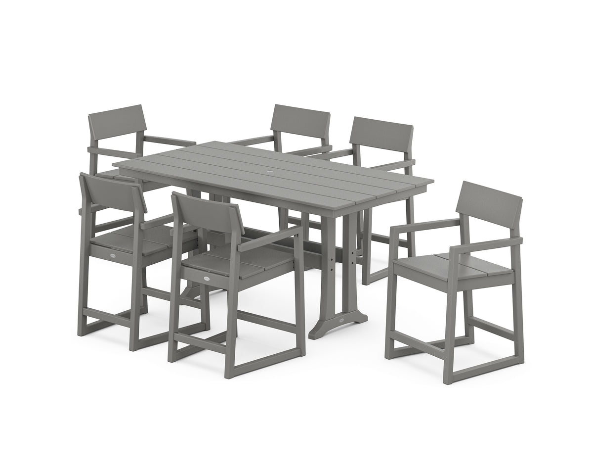 POLYWOOD EDGE Arm Chair 7-Piece Farmhouse Counter Set with Trestle Legs in Slate Grey