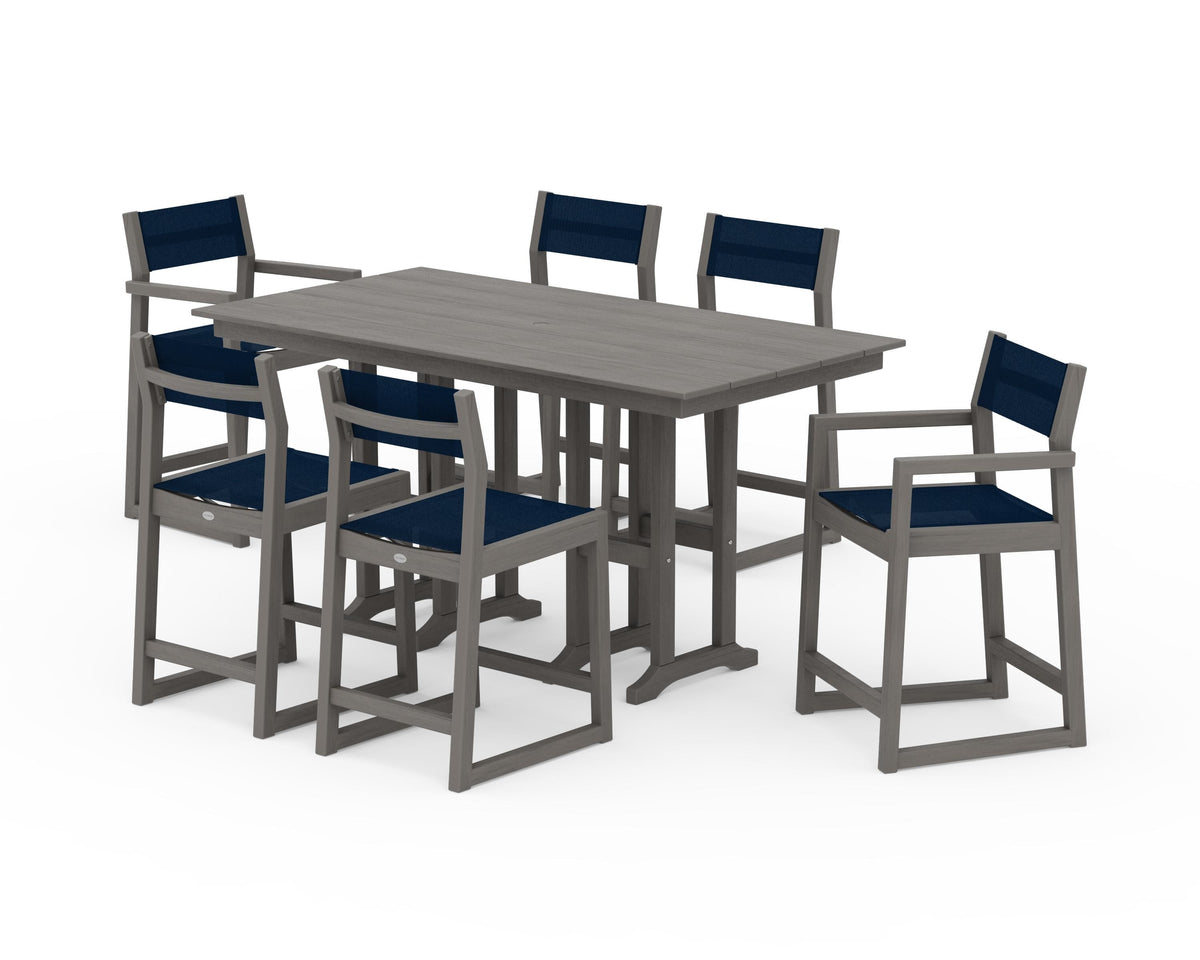 POLYWOOD EDGE Sling 7-Piece Farmhouse Counter Set with Trestle Legs in Driftwood / Navy Blue