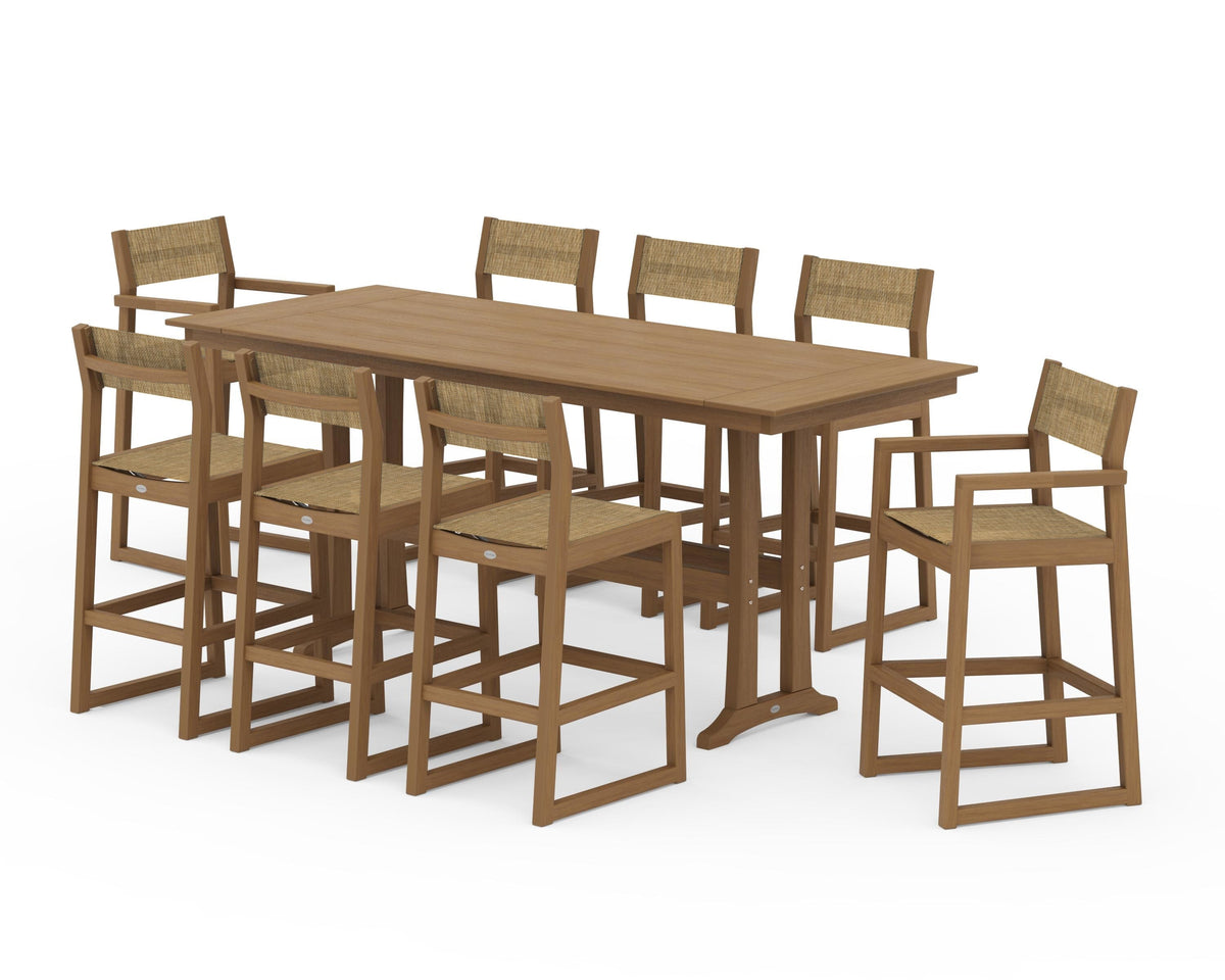 POLYWOOD EDGE Sling 9-Piece Farmhouse Bar Set with Trestle Legs in Natural / Burlap