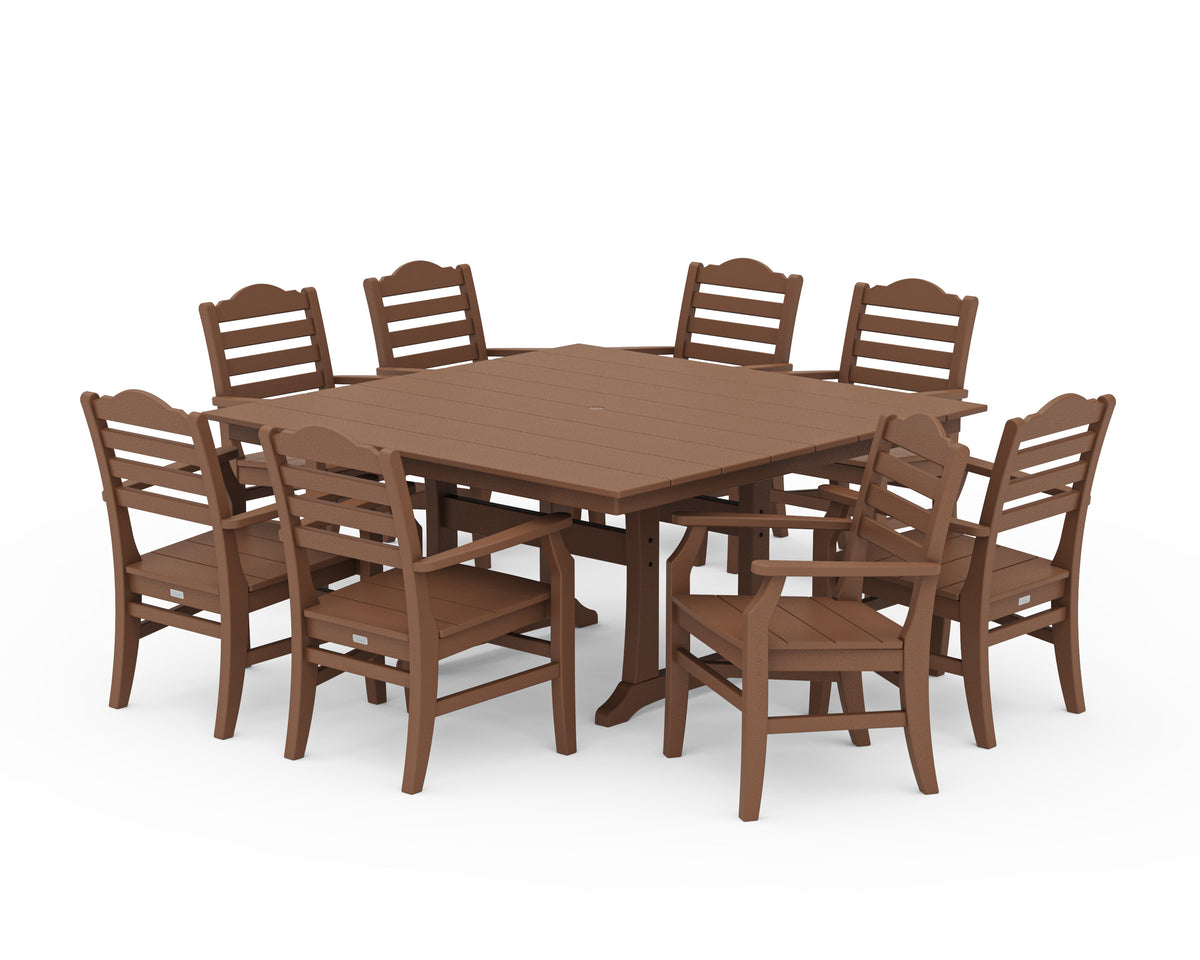 POLYWOOD Savannah 9-Piece Square Farmhouse Dining Set with Trestle Legs in Teak