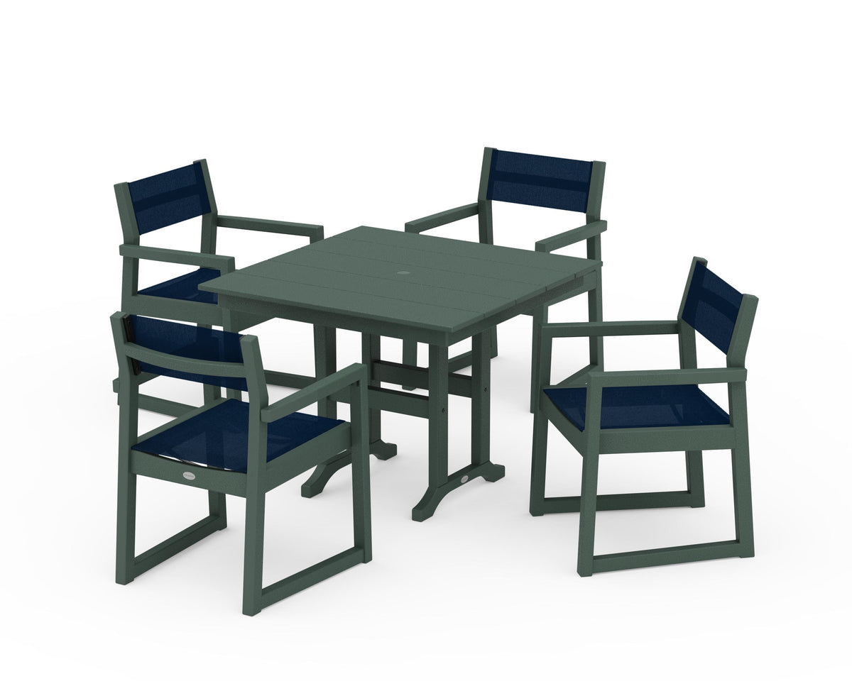POLYWOOD EDGE Sling Arm Chair 5-Piece Farmhouse Dining Set in Green / Navy Blue