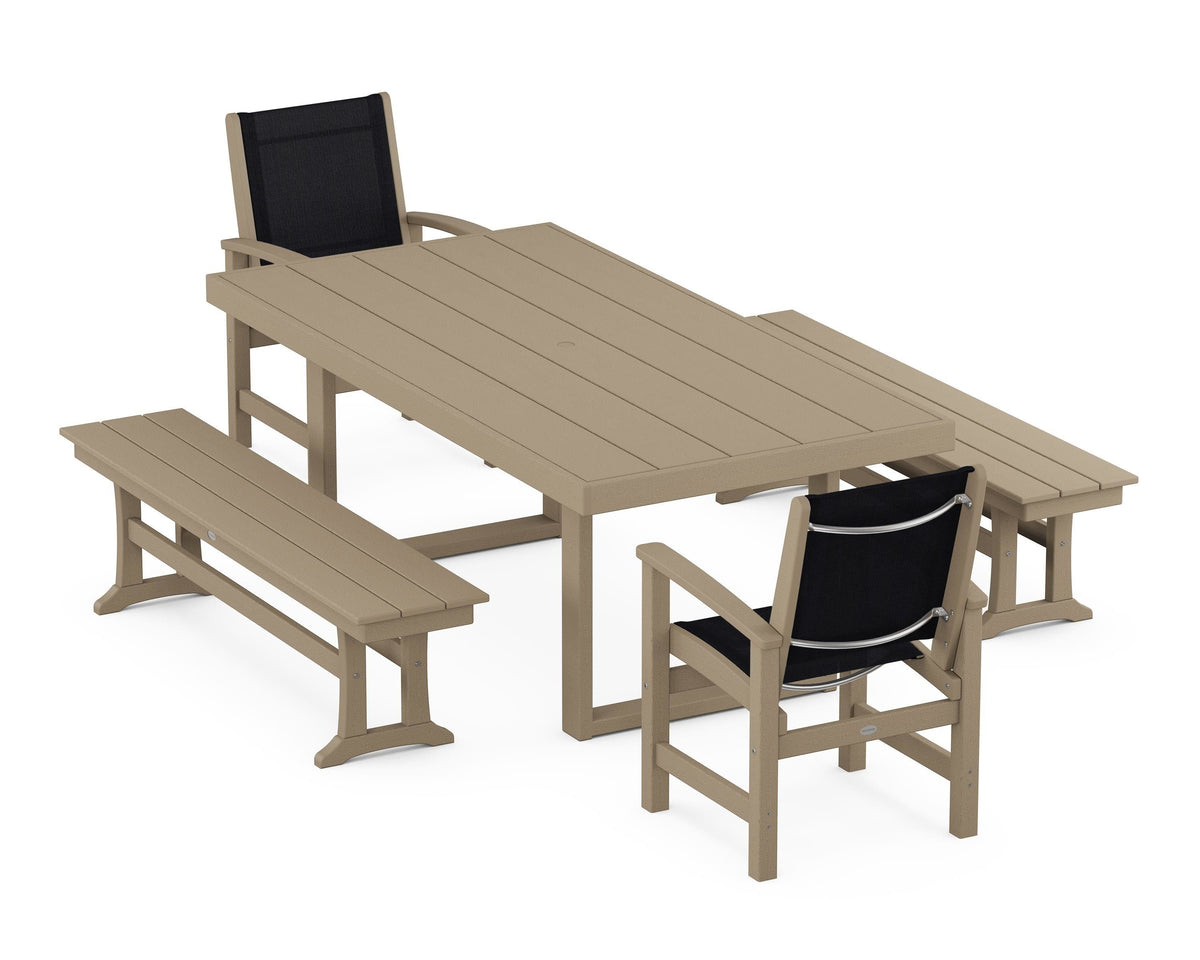 POLYWOOD Coastal 5-Piece Dining Set with Trestle Legs with EDGE 40" x 78" Dining Table in Vintage Sahara / Black
