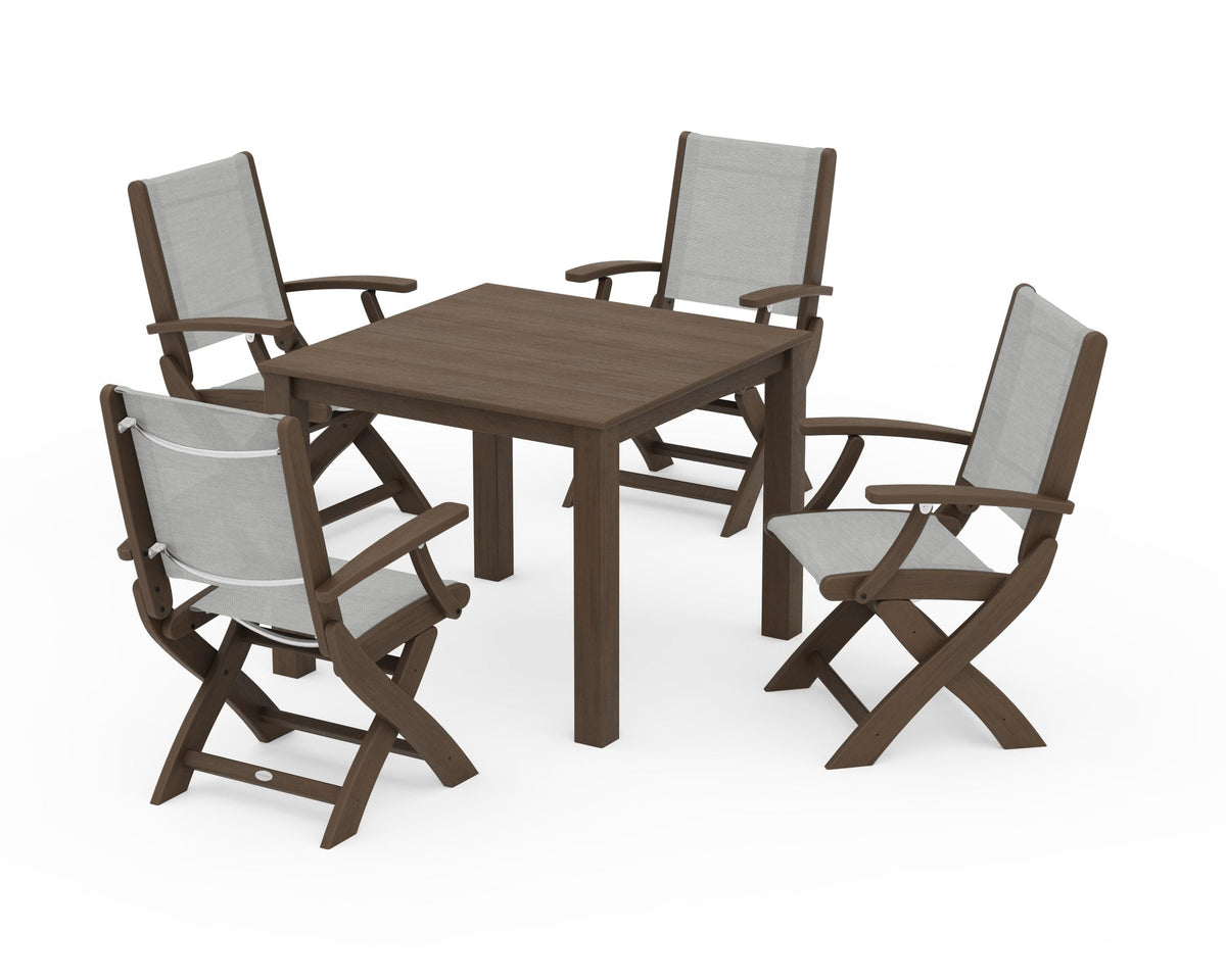 POLYWOOD Coastal Folding Chair 5-Piece Parsons Dining Set in Kona / Metallic
