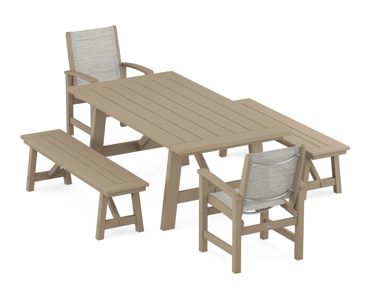 POLYWOOD Coastal 5-Piece Rustic Farmhouse Dining Set With Benches in Vintage Sahara / Birch