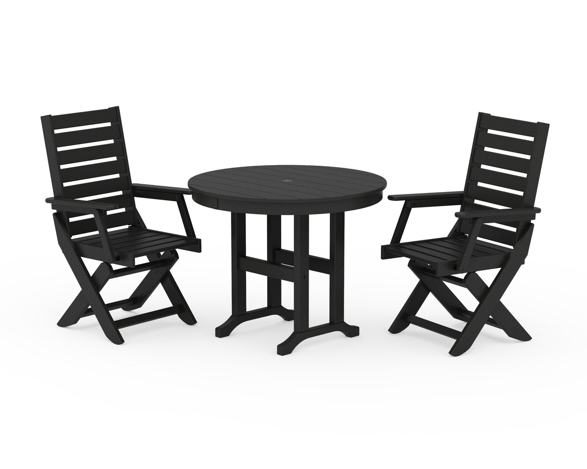 POLYWOOD Captain Folding Chair 3-Piece Round Dining Set in Black