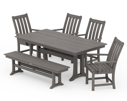 POLYWOOD Vineyard 6-Piece Arm Chair Farmhouse Dining Set with Trestle Legs and Bench in Driftwood