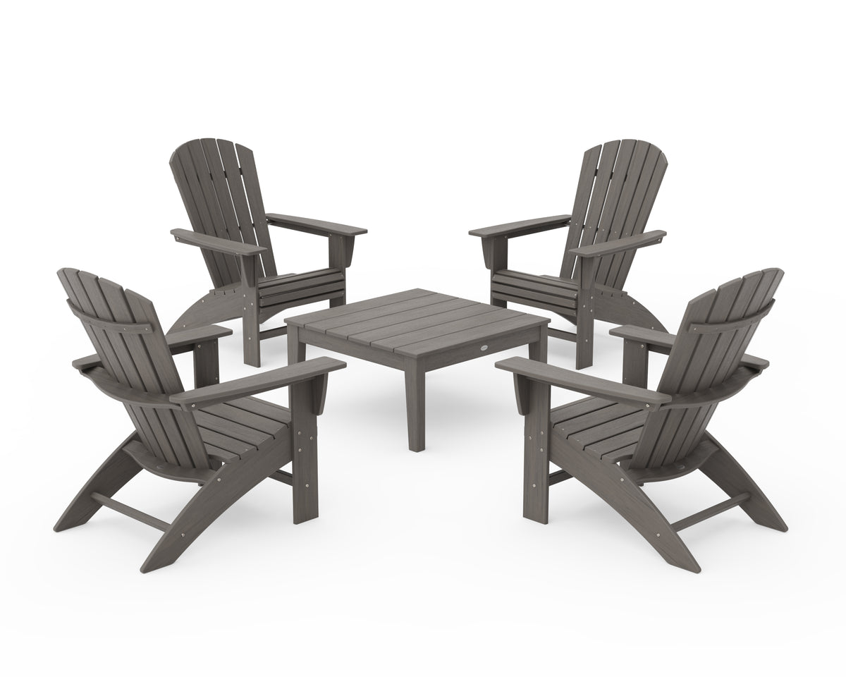 POLYWOOD 5-Piece Nautical Curveback Adirondack Chair Conversation Set with 36" Conversation Table in Driftwood
