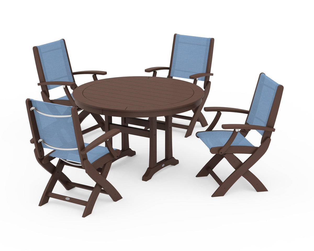 POLYWOOD Coastal Folding Chair 5-Piece Round Dining Set with Trestle Legs in Mahogany / Poolside