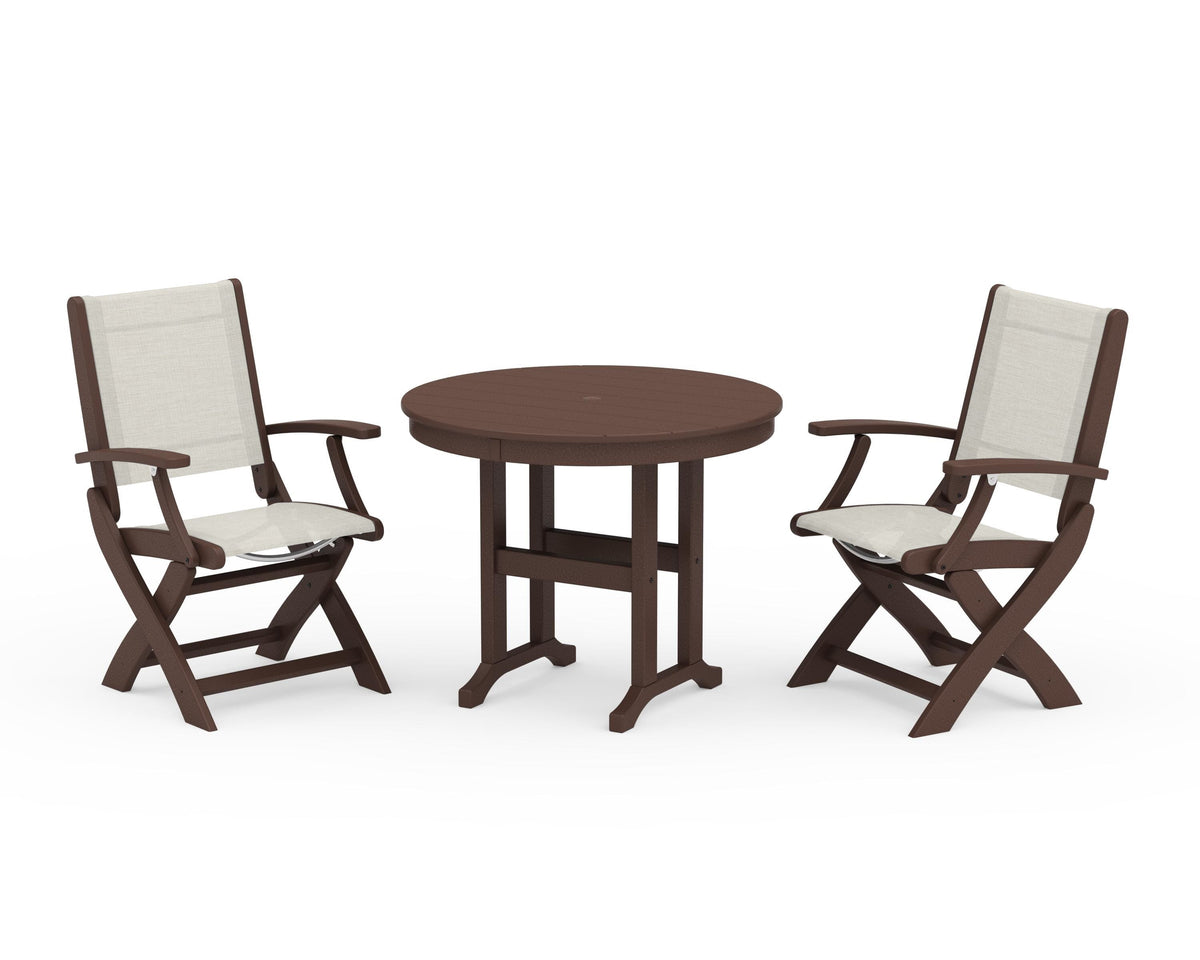 POLYWOOD Coastal Folding Chair 3-Piece Round Dining Set in Mahogany / Parchment