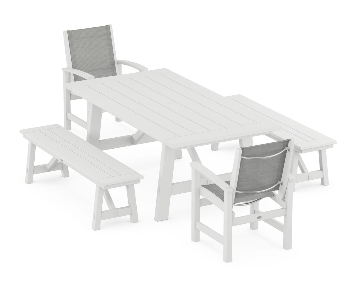 POLYWOOD Coastal 5-Piece Rustic Farmhouse Dining Set With Benches in White / Metallic