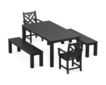 POLYWOOD Chippendale 5-Piece Parsons Dining Set with Benches in Black
