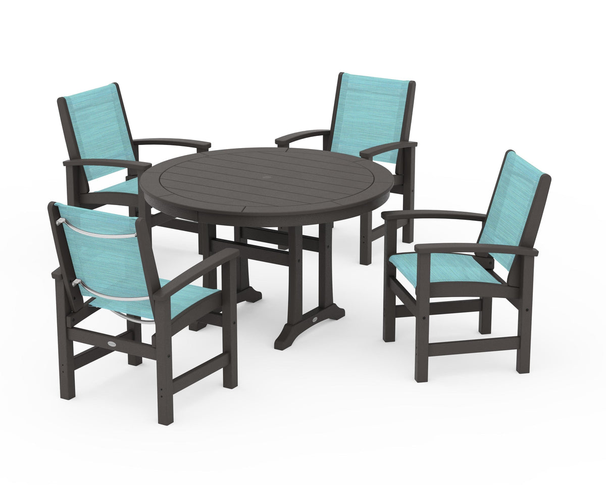 POLYWOOD Coastal 5-Piece Round Dining Set with Trestle Legs in Vintage Coffee / Dupioni Aquamarine