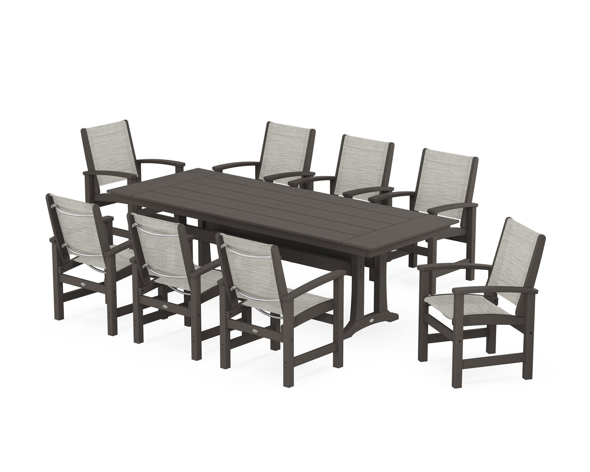 POLYWOOD Coastal 9-Piece Farmhouse Dining Set with Trestle Legs in Vintage Coffee / Birch