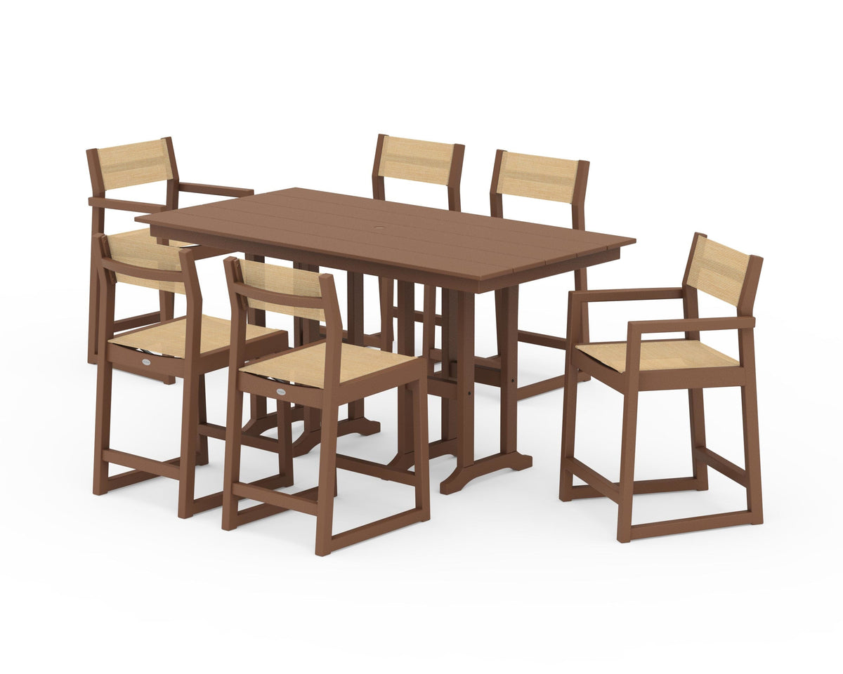 POLYWOOD EDGE Sling 7-Piece Farmhouse Counter Set with Trestle Legs in Teak / Dupioni Apricot