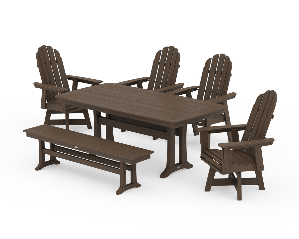 POLYWOOD Vineyard Curveback Adirondack Swivel Chair 6-Piece Dining Set with Trestle Legs and Bench in Kona