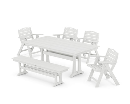 POLYWOOD Nautical Lowback 6-Piece Farmhouse Dining Set with Trestle Legs and Bench in White