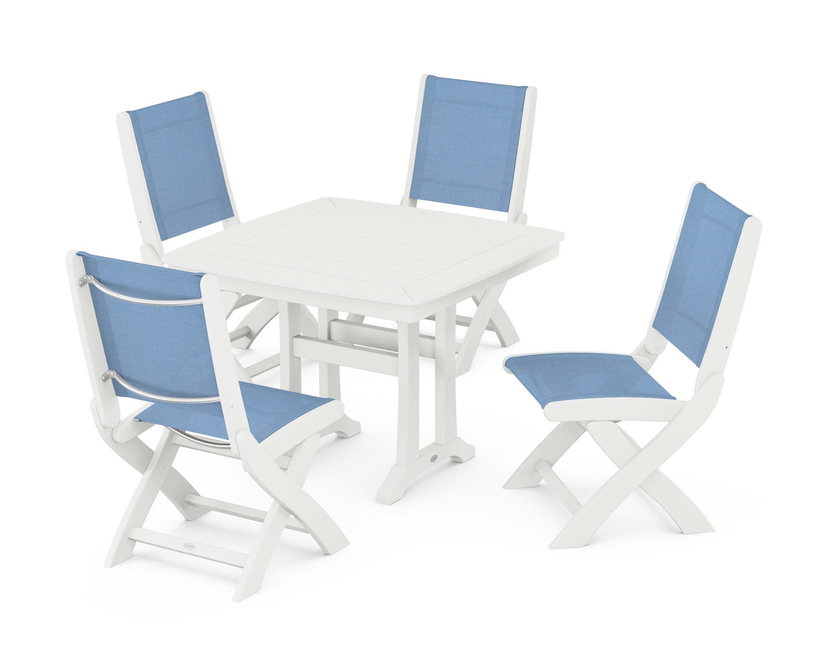 POLYWOOD Coastal Folding Side Chair 5-Piece Dining Set with Trestle Legs in Vintage White / Poolside