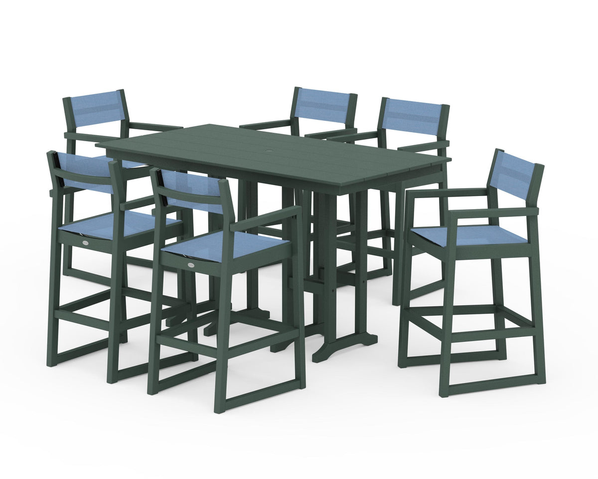 POLYWOOD EDGE Sling Arm Chair 7-Piece Farmhouse Bar Set in Green / Poolside