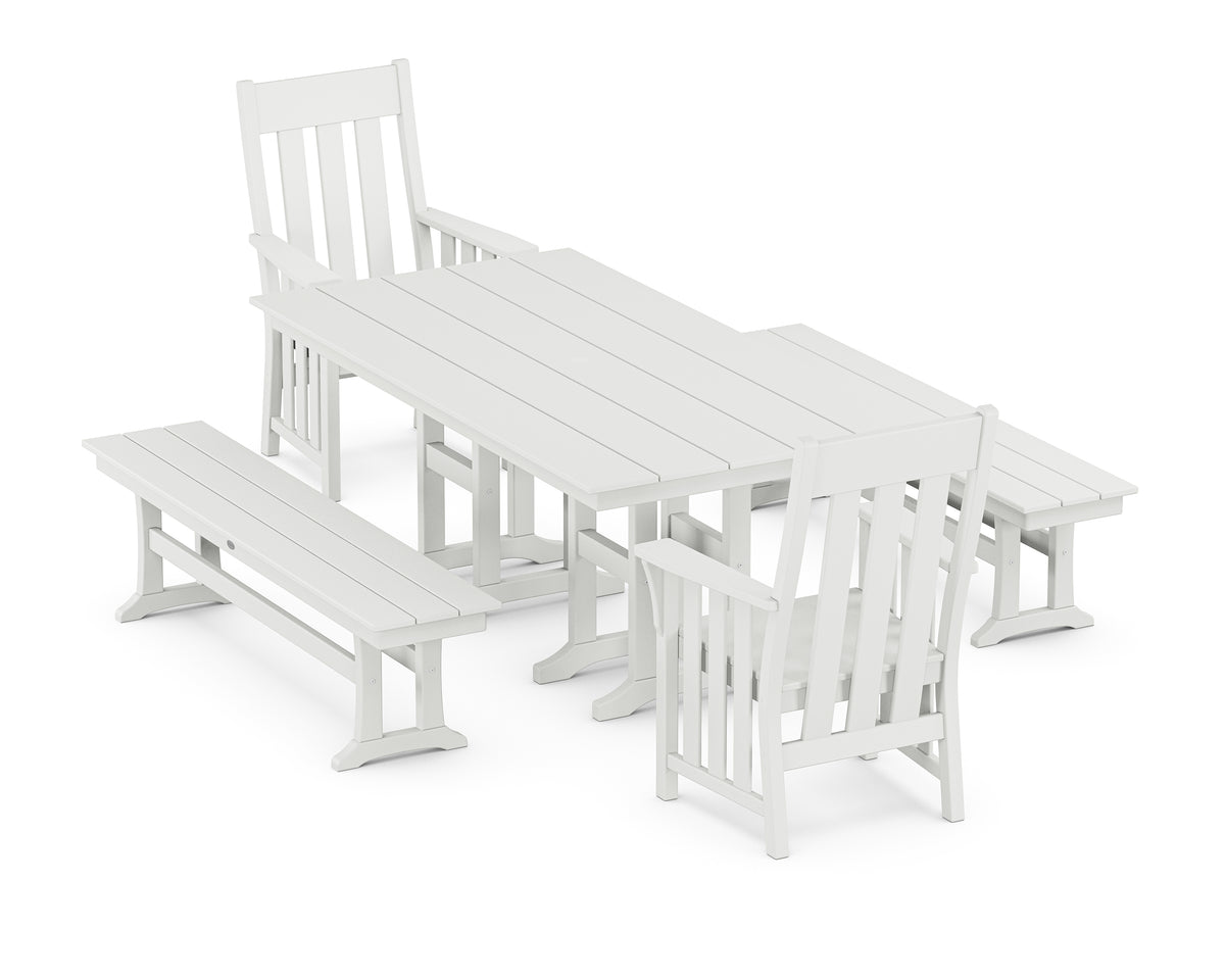 POLYWOOD Acadia 5-Piece Farmhouse Dining Set with Benches in White