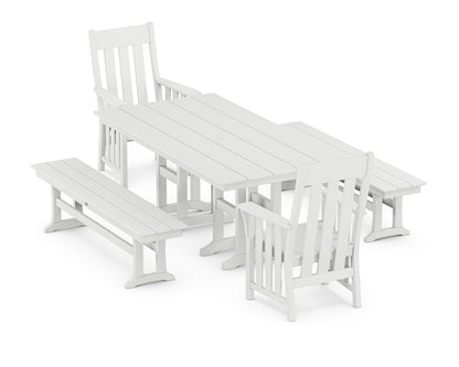 POLYWOOD Acadia 5-Piece Farmhouse Dining Set with Benches in White