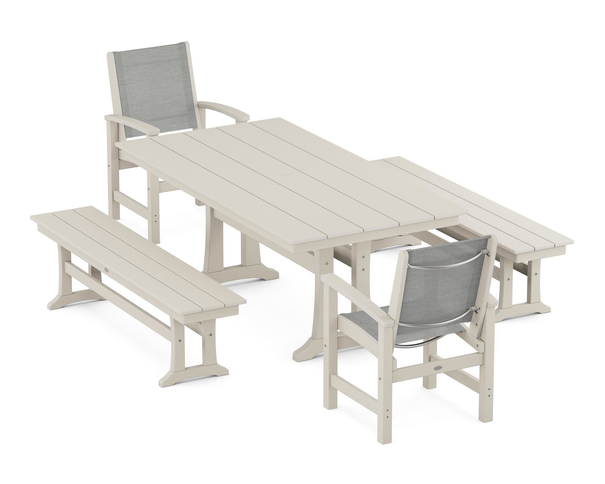 POLYWOOD Coastal 5-Piece Farmhouse Dining Set with Trestle Legs and Benches in Sand / Metallic