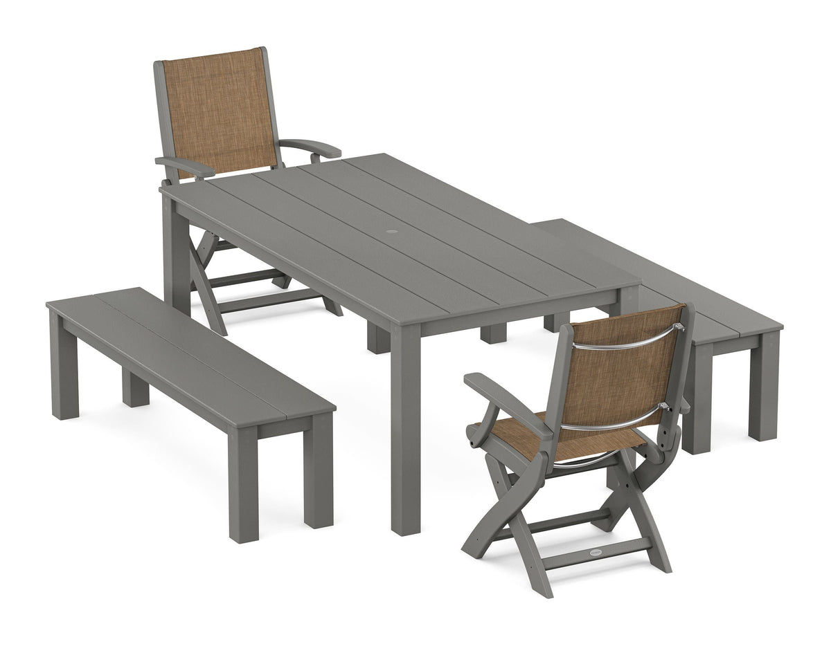 POLYWOOD Coastal Folding Chair 5-Piece Parsons Dining Set with Benches in Slate Grey / Burlap