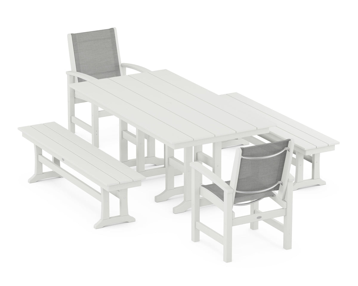 POLYWOOD Coastal 5-Piece Farmhouse Dining Set with Farmhouse 37" x 72" Dining Table in Vintage White / Metallic
