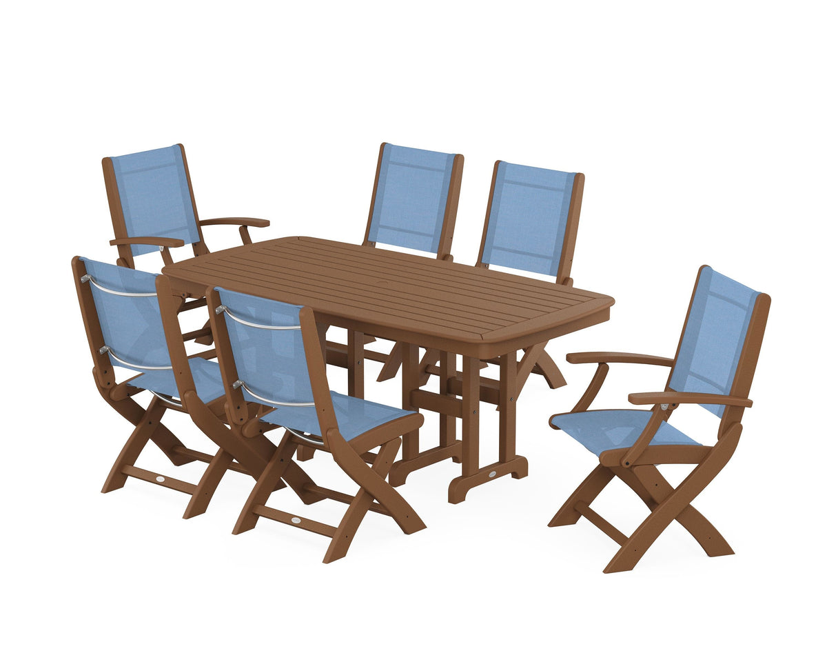 POLYWOOD Coastal Folding Chair 7-Piece Dining Set in Teak / Poolside