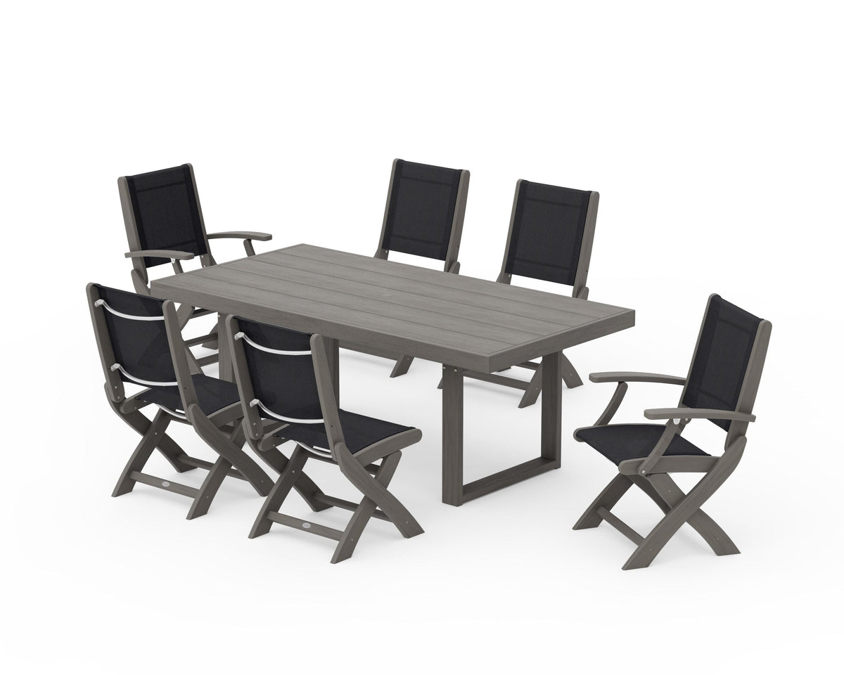 POLYWOOD Coastal Folding Chair 7-Piece Dining Set with Trestle Legs with EDGE 40" x 78" Dining Table in Driftwood / Black
