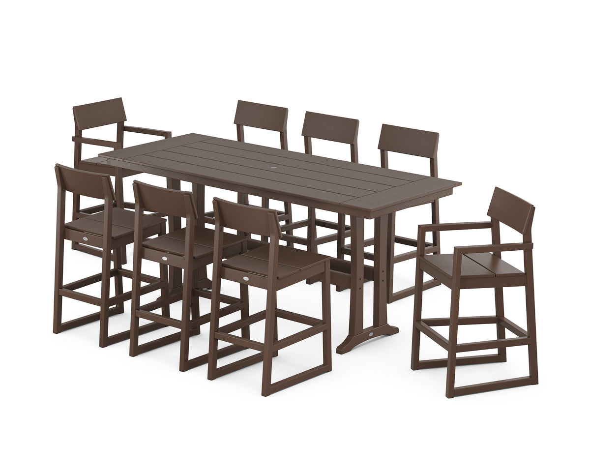 POLYWOOD EDGE 9-Piece Farmhouse Bar Set with Trestle Legs in Mahogany