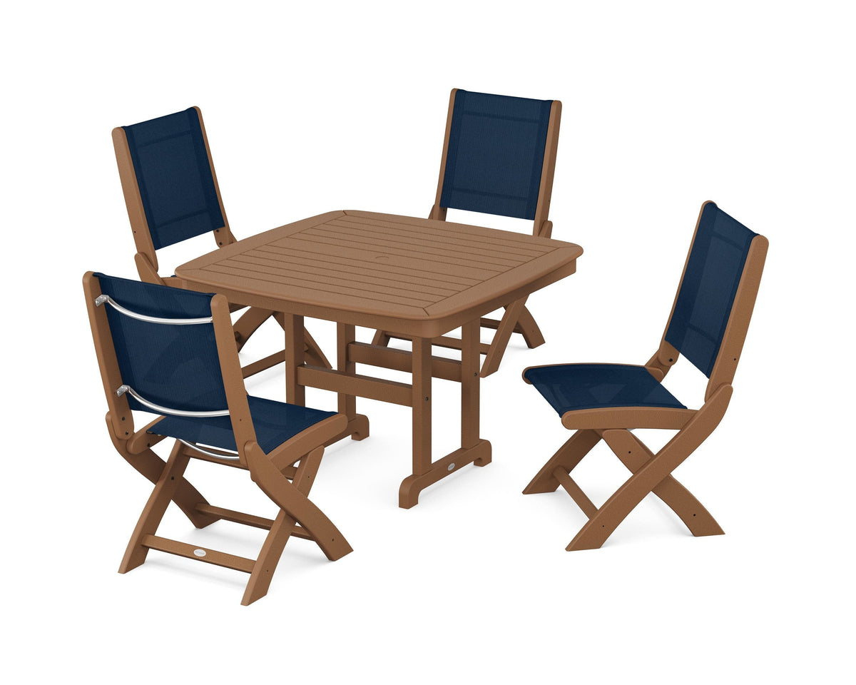 POLYWOOD Coastal Folding Side Chair 5-Piece Dining Set with Nautical 44" Dining Table in Teak / Navy Blue